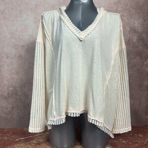 POL Cream V-Neck Textured Sleeve Hoodie